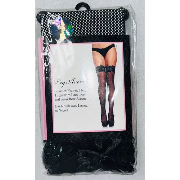 Leg Avenue Spandex Fishnet Thigh Highs With Lace Top & Satin Bow Accent - Picture 1 of 2